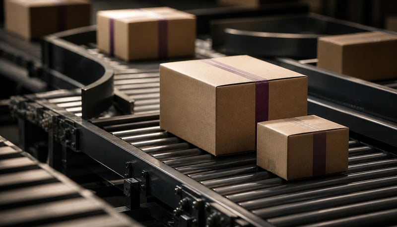 Parcels moving across a conveyor junction, representing Shipping Profile Automator routing products to the right profile