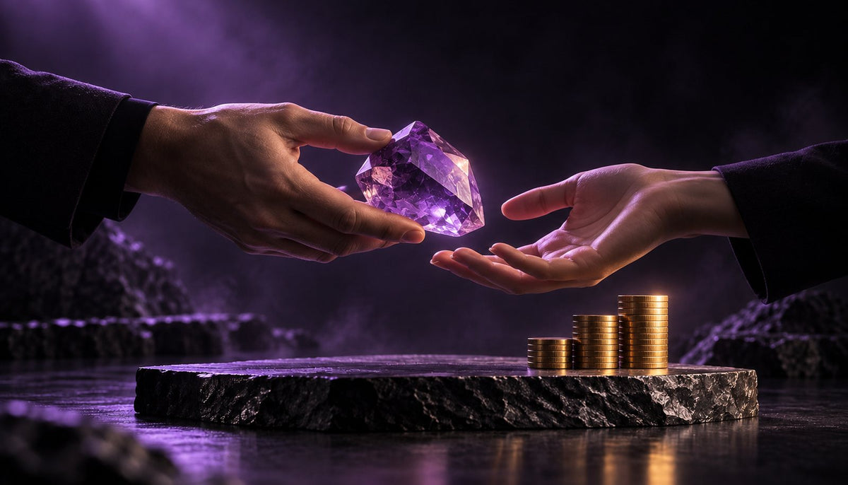 Two hands passing a glowing purple amethyst crystal over a dark stone plinth beside a stack of gold coins, representing earning commission by referring customers through Amethyst Partners