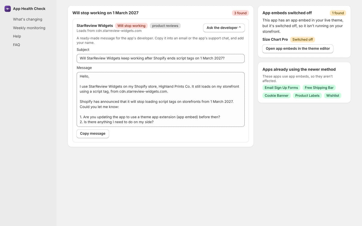 Ready-made message to ask an app's developer about the script tag change