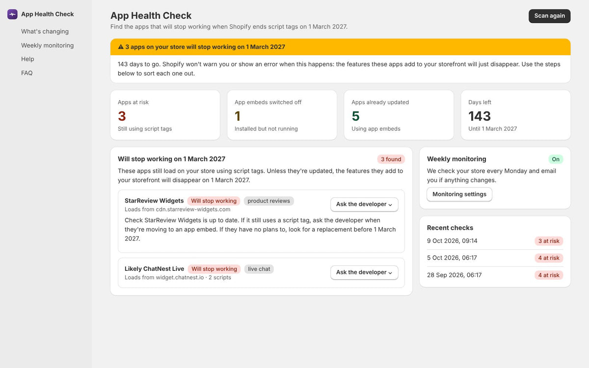 Results page listing apps still using script tags, with a summary and recent checks (example data)