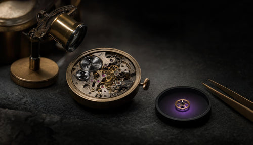 App Health Check for Shopify: an open watch movement under a jeweller's loupe, with one small gear set apart under a soft purple light