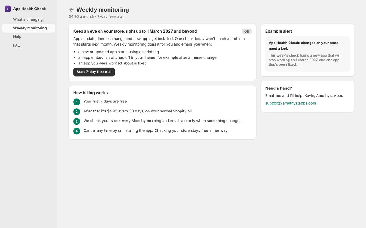 Weekly monitoring plan with email alerts, $4.95 a month