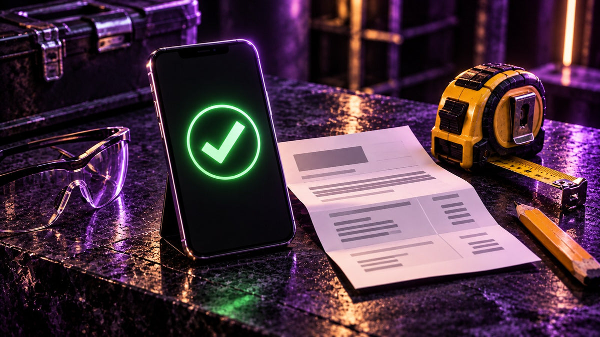 Smartphone showing a green tick beside a printed quote, safety glasses and a tape measure on a dark workbench, representing a quote approved through Greenlit