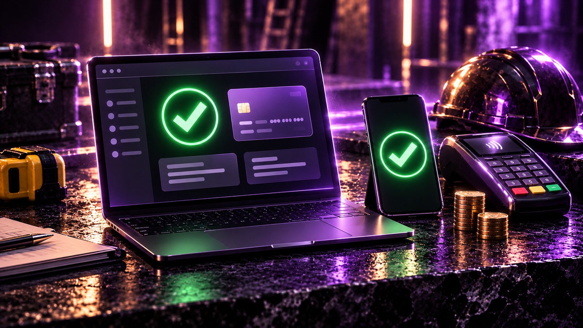Laptop dashboard and smartphone both showing a green tick beside a card terminal, gold coins and a hard hat, representing a quote accepted and deposit paid with Greenlit