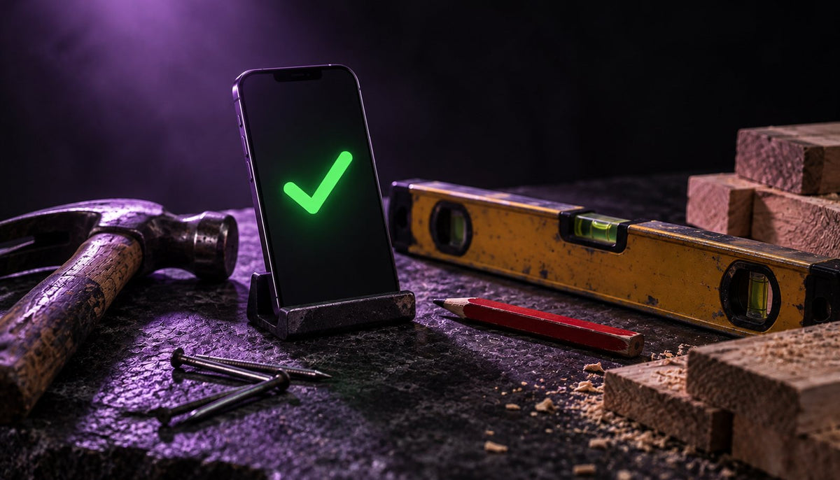 Hammer, spirit level and wood offcuts on a dark workbench beside a phone showing a green tick, representing a customer accepting a quote and paying the deposit through a Greenlit link