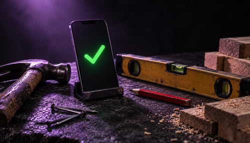 Hammer, spirit level and wood offcuts on a dark workbench beside a phone showing a green tick, representing a customer accepting a quote and paying the deposit through a Greenlit link
