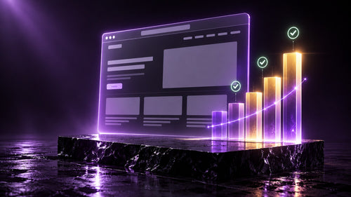 Glowing website layout on a dark stone plinth beside rising violet and gold bar charts with green ticks, representing IndexStream checking how visible a website is