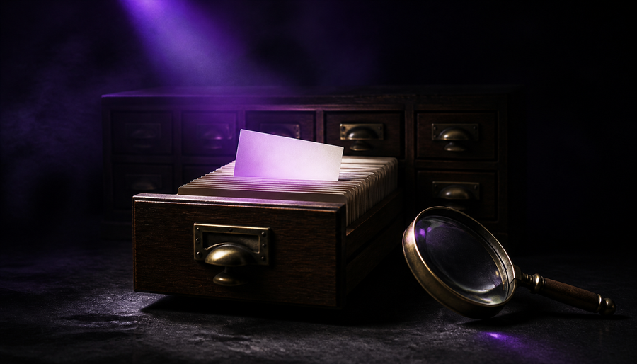 Open card-catalogue drawer with one index card lit purple beside a magnifying glass, representing finding unindexed product pages