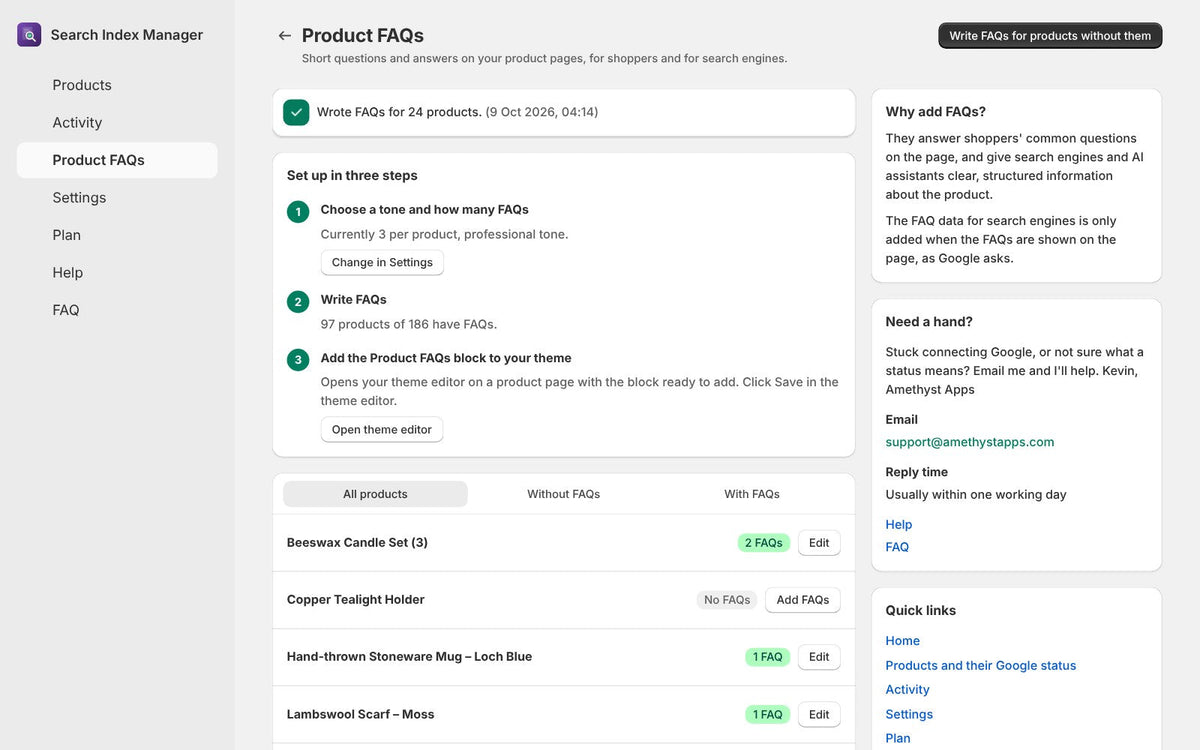 Search Index Manager product FAQs: set up steps and FAQ status for each product