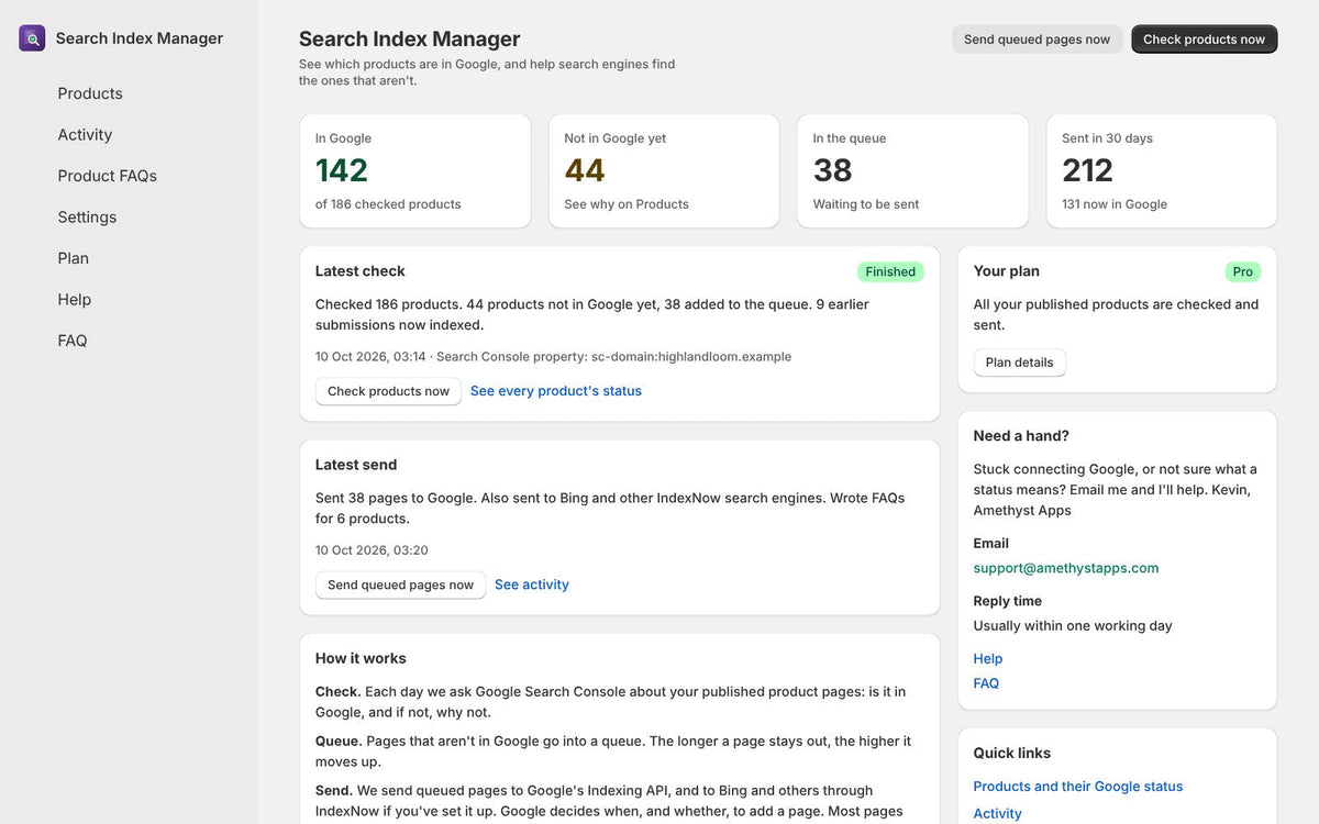Search Index Manager home: products in Google, not in Google, in the queue and sent
