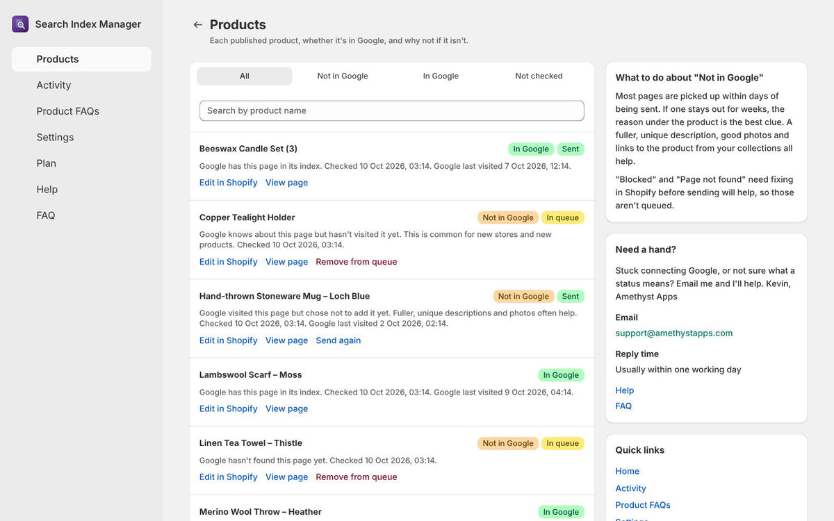 Search Index Manager products list with each product's Google index status and reason