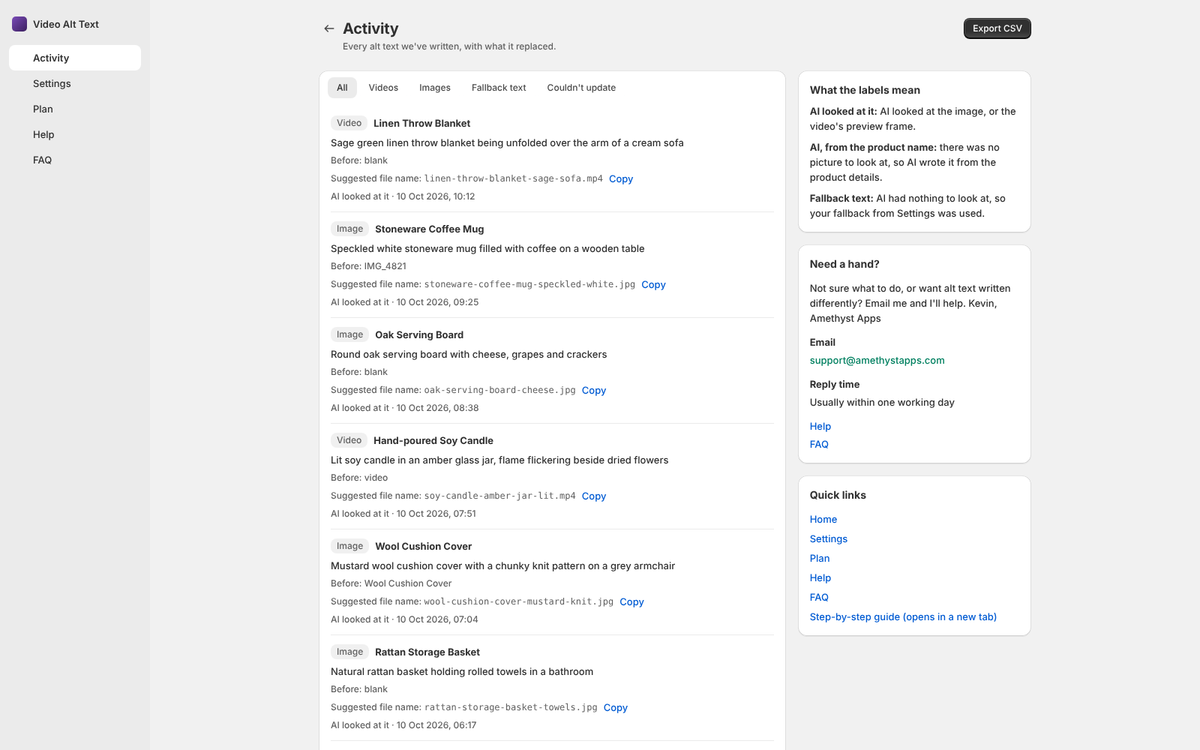 Video Alt Text activity list comparing the old and new alt text for each image and video