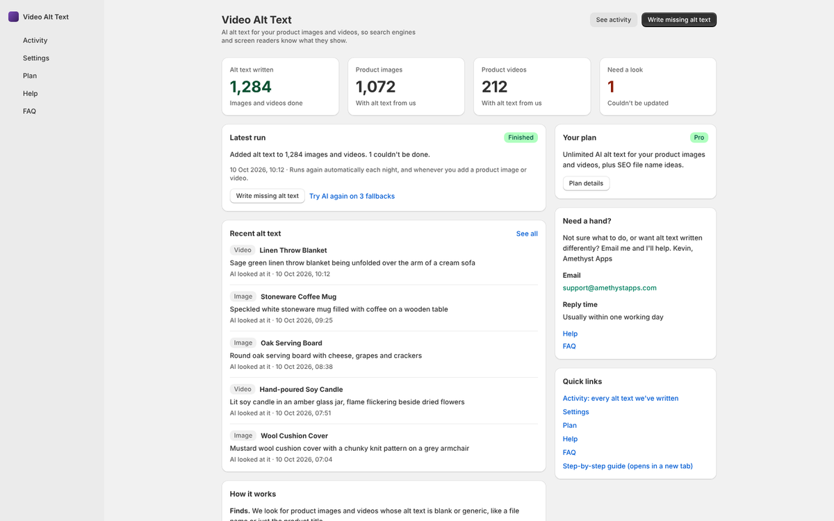 Video Alt Text home: alt text written, product images, product videos and recent alt text