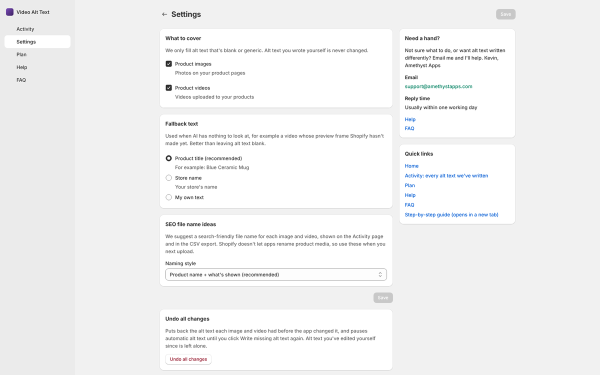 Video Alt Text settings: choose images, videos or both, fallback text and SEO file name ideas