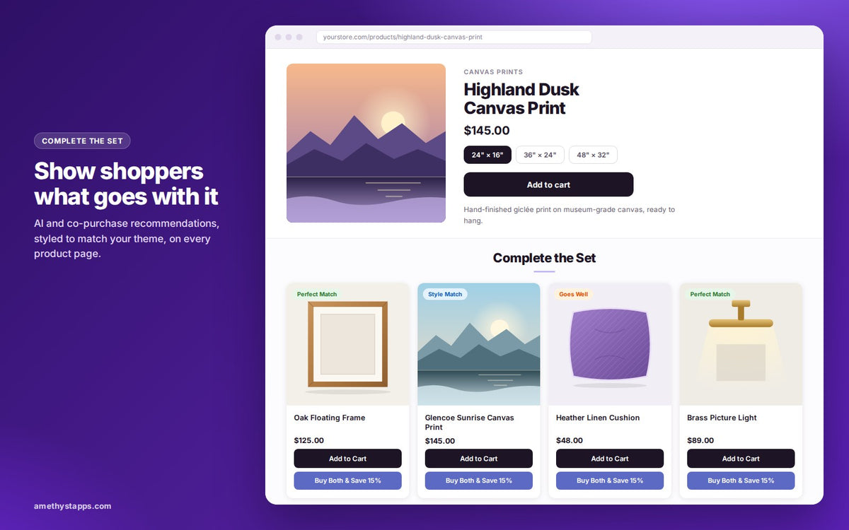 Complete the Set section showing four recommended products on a Shopify product page