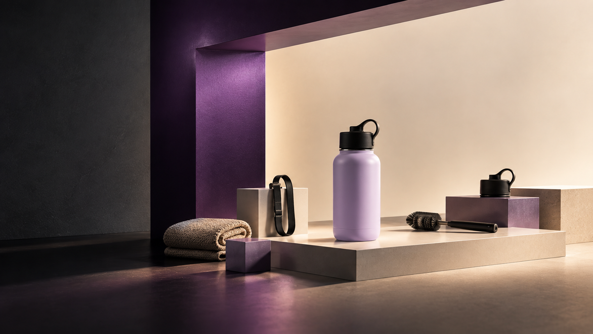 Lavender water bottle displayed with matching accessories, a set of products that complete the look