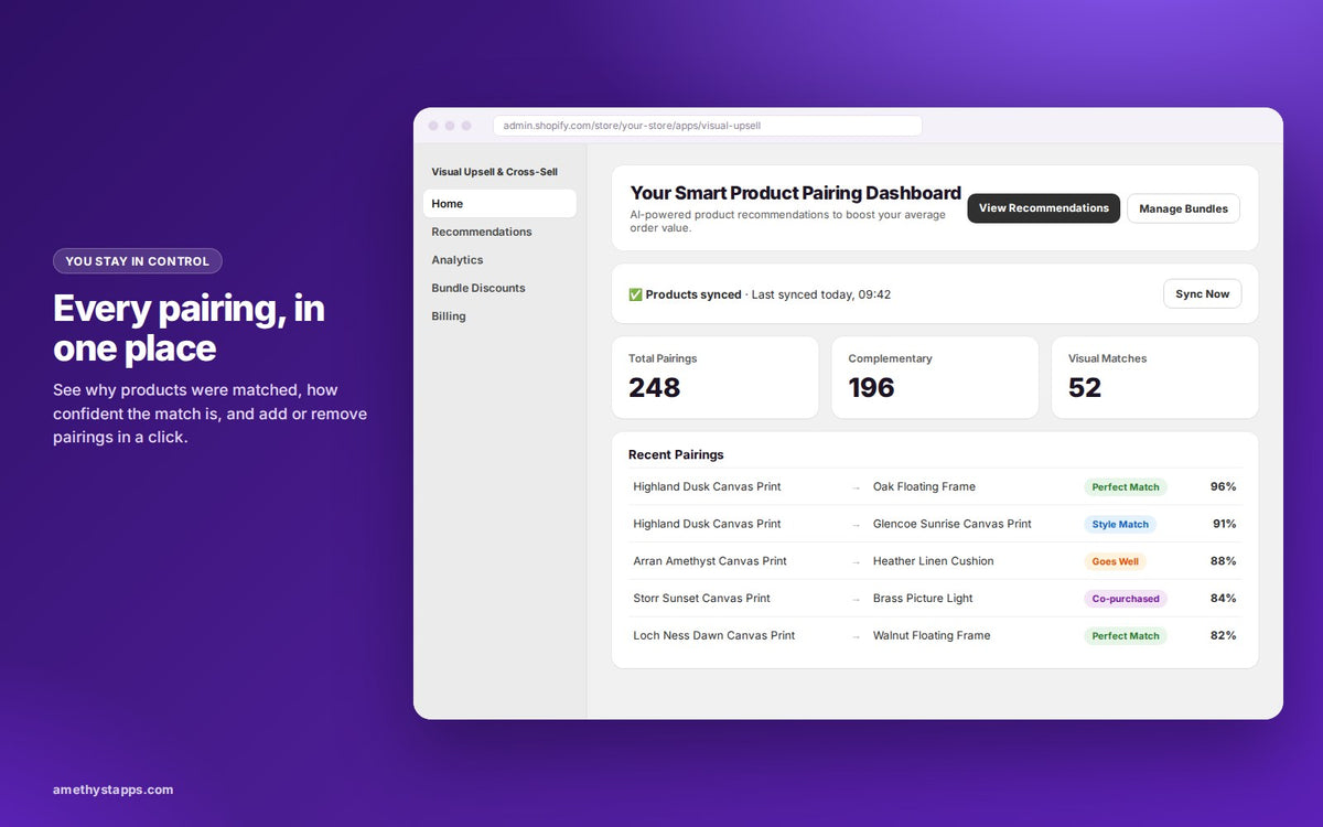 Visual Upsell & Cross-Sell dashboard listing product pairings with match types and confidence scores
