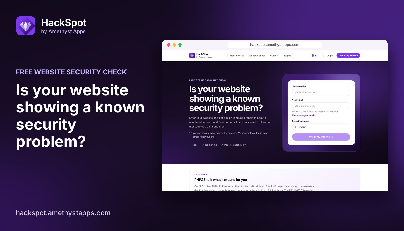 HackSpot home page in a browser window on a dark purple background, asking: Is your website showing a known security problem?