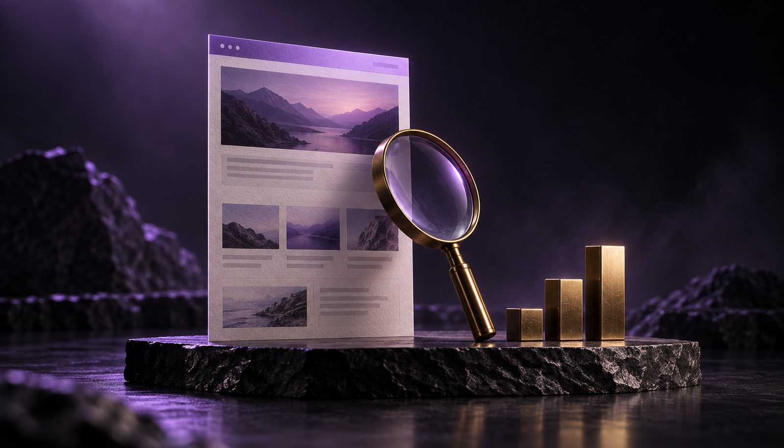 Glowing website layout on a dark stone plinth beside rising violet and gold bar charts with green ticks, representing IndexStream checking how visible a website is